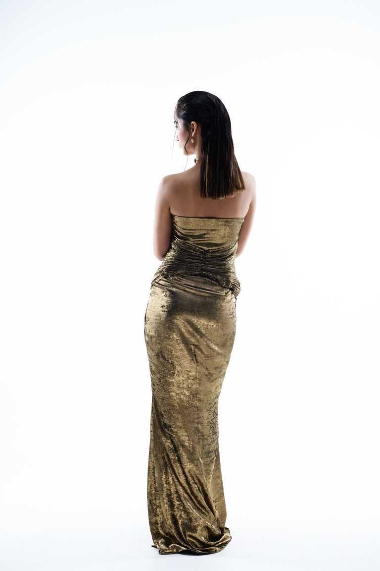 Metallic Gold Halter Neck Ruched Maxi Gown