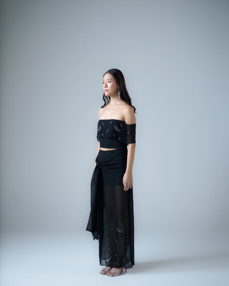 Black Silk Chiffon Embellished Maxi Skirt