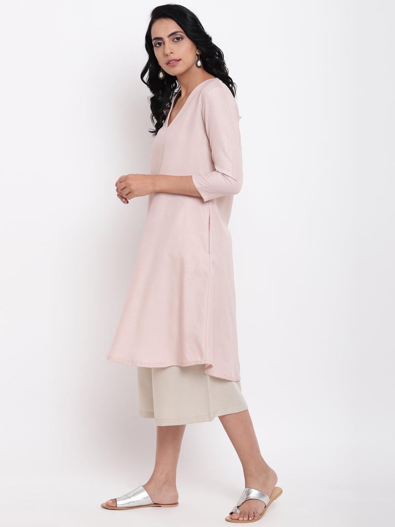 Pink V-Neck A-Line Kurta and Pant Set