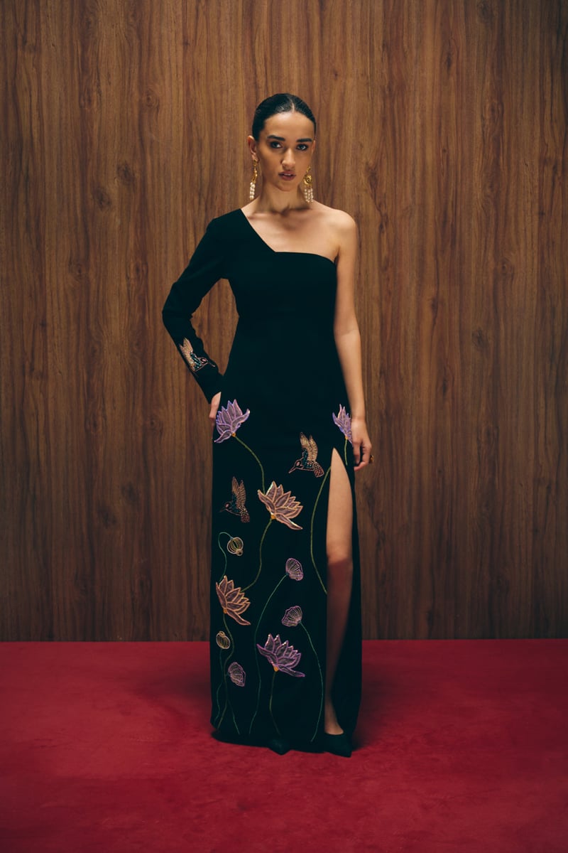 Black One-Shoulder Crepe Maxi Gown with Slit