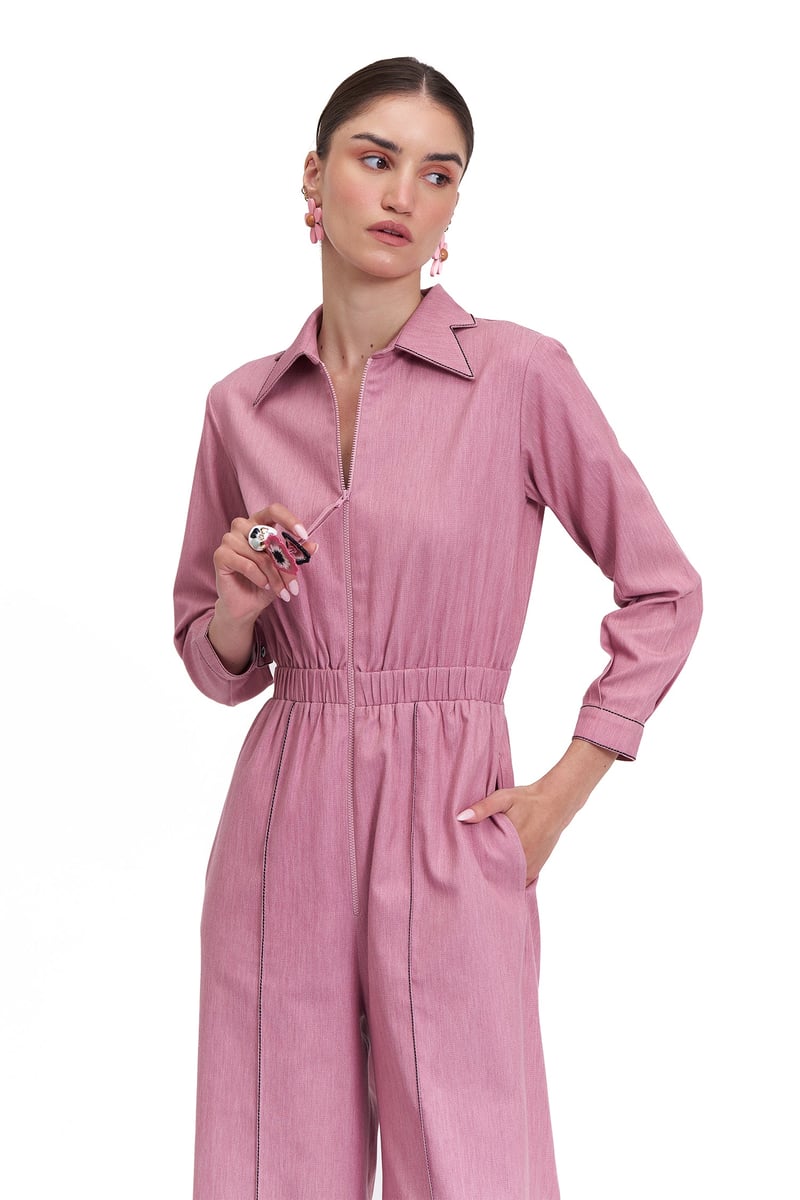 Rosewood Cotton Denim Zip-Front Relaxed-Fit Jumpsuit