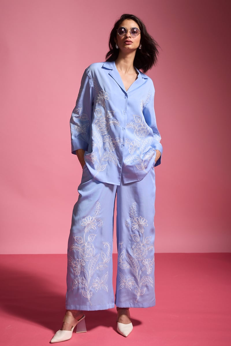 Pastel Blue Tencel Straight-Leg Embroidered Trousers