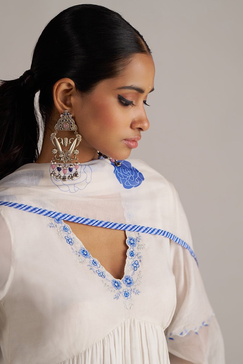 Marshmellow and Cobalt Blue A-Line Chanderi Kurta Set