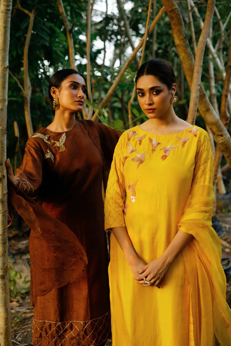 Yellow A-Line Embroidered Kurta Set with Palazzo and Dupatta