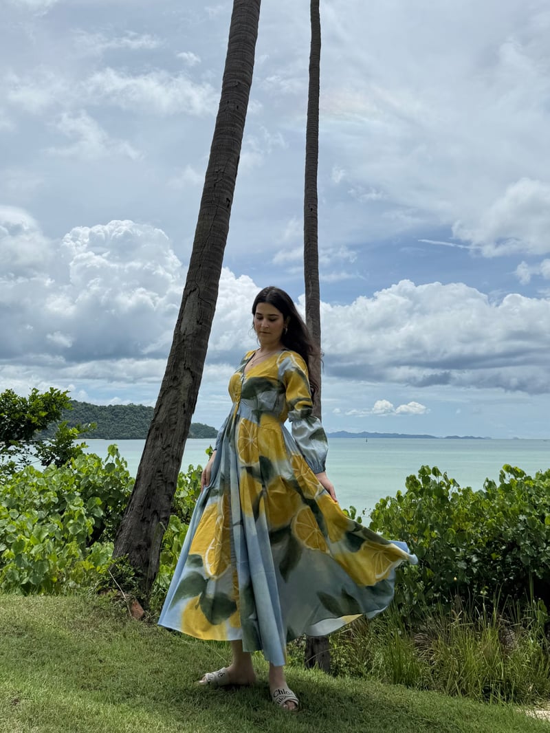 Blue Citrus Print Cotton Fit and Flare Maxi Dress