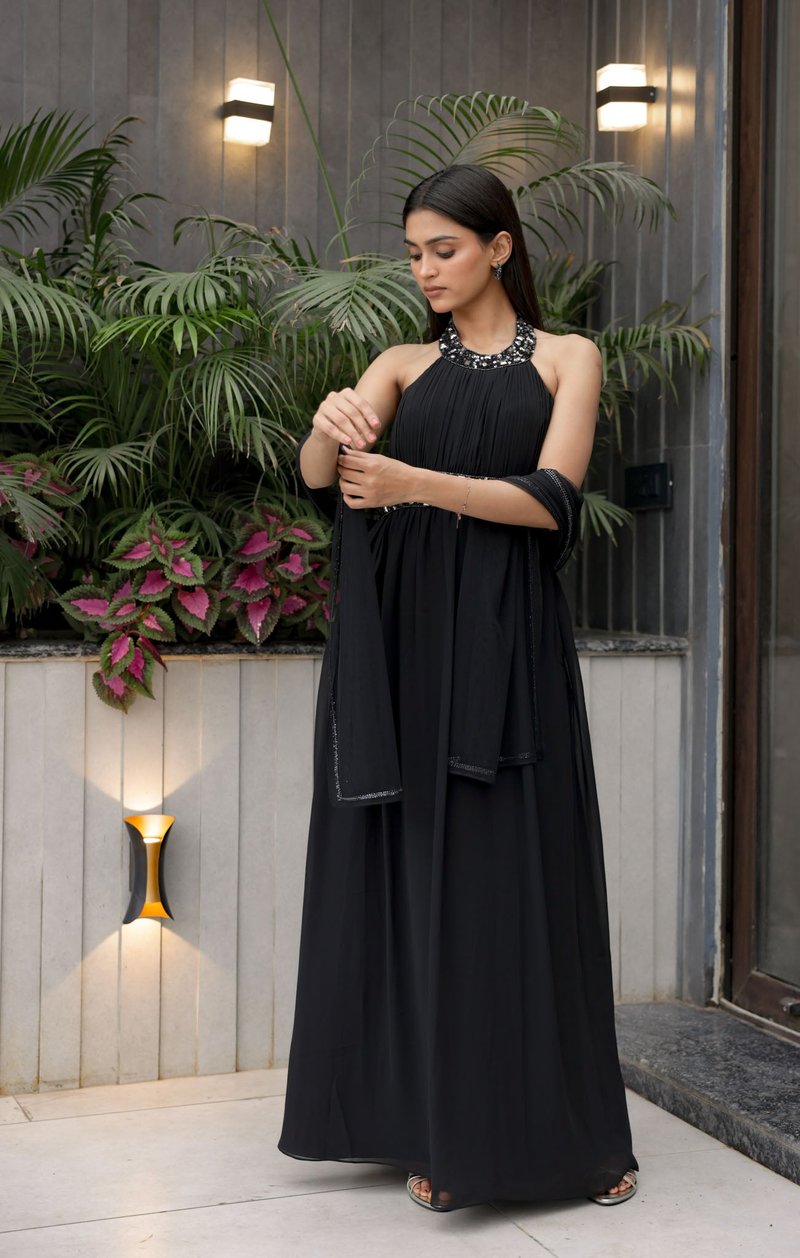 Black Halter Neck Embellished Maxi Gown