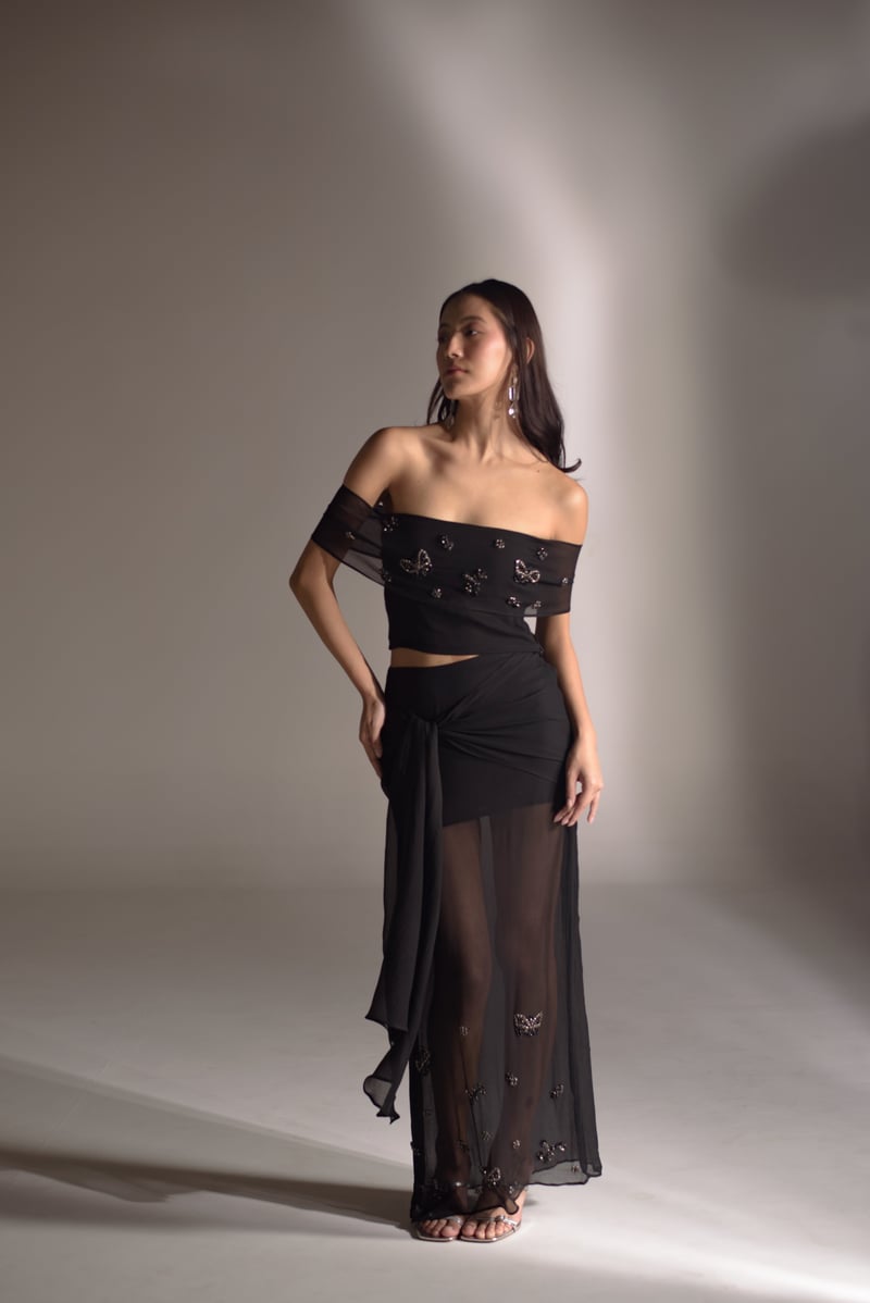 Black Silk Chiffon Embellished Maxi Skirt