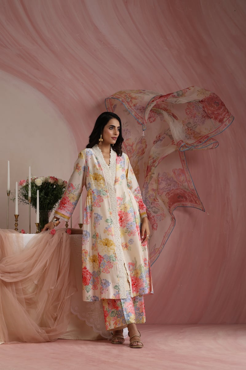 Ivory Floral Printed A-Line Kurta Set with Wide-Leg Trousers
