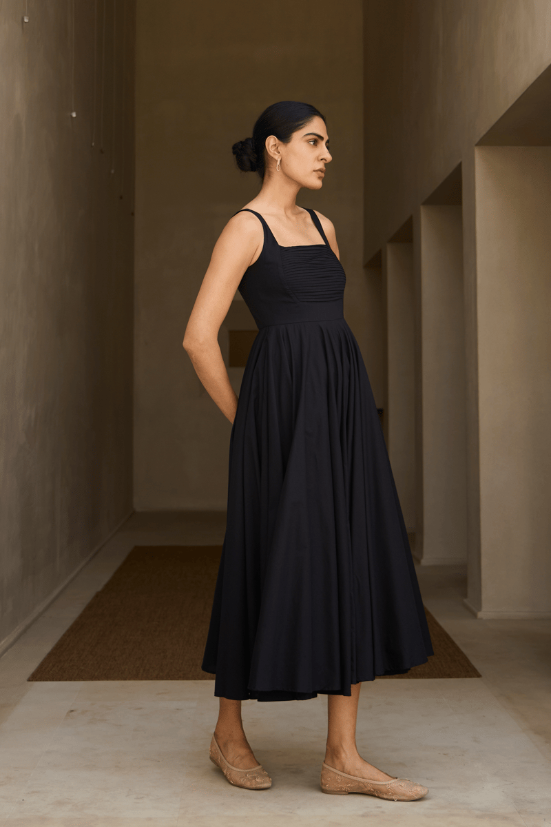 Black Organic Cotton Fit and Flare Midi Dress with Pockets