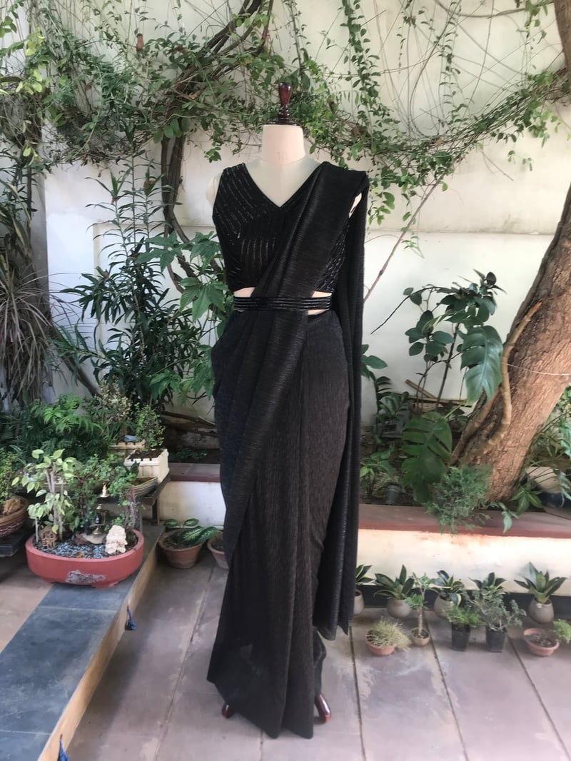 Black Shimmer Pleated Saree Set with Belt — The Grey Dot