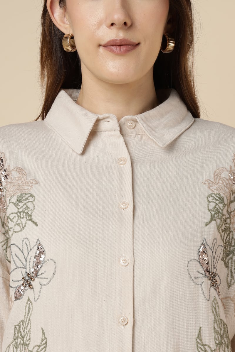 Natural Cotton Longline Embroidered Shirt