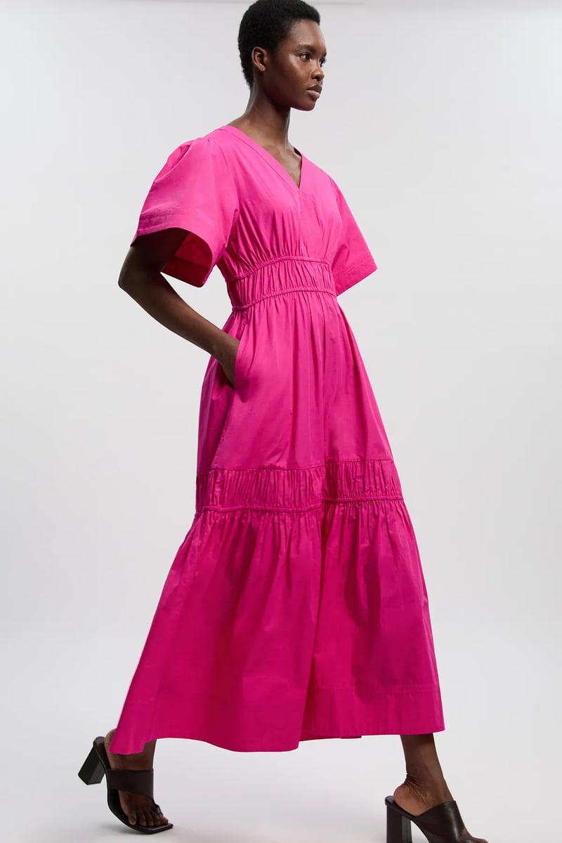 Hot Pink Tiered Maxi Dress with V-Neck