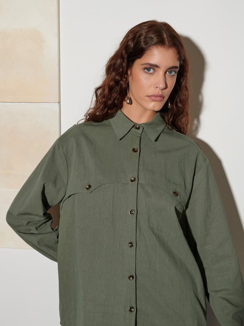 Military Green Boxy Utility Pocket Shirt