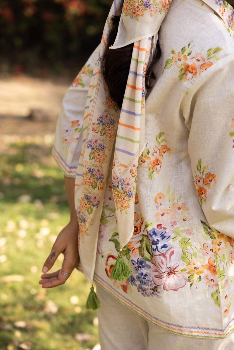 Cream Linen Floral Shirt and Trouser Co-ord Set