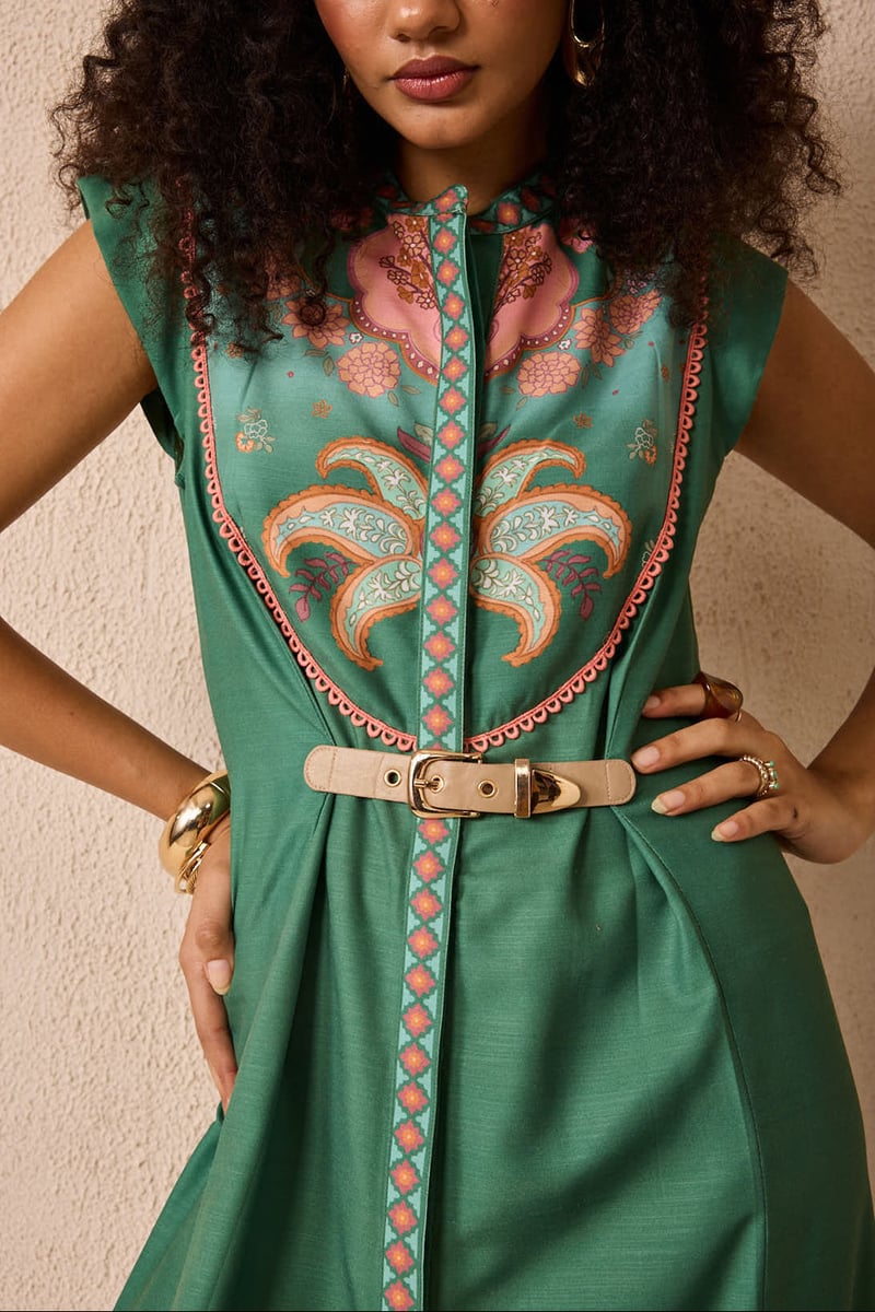 Green Placement Print Fit and Flare Maxi Dress