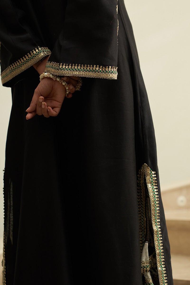 Black Chanderi Silk Embroidered A-Line Kaftan