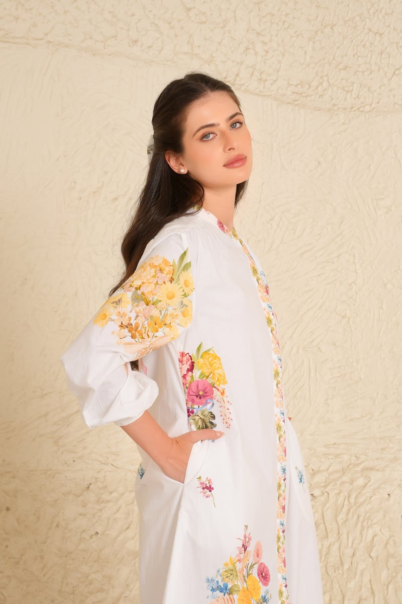 White Floral Printed Kurta and Trouser Set