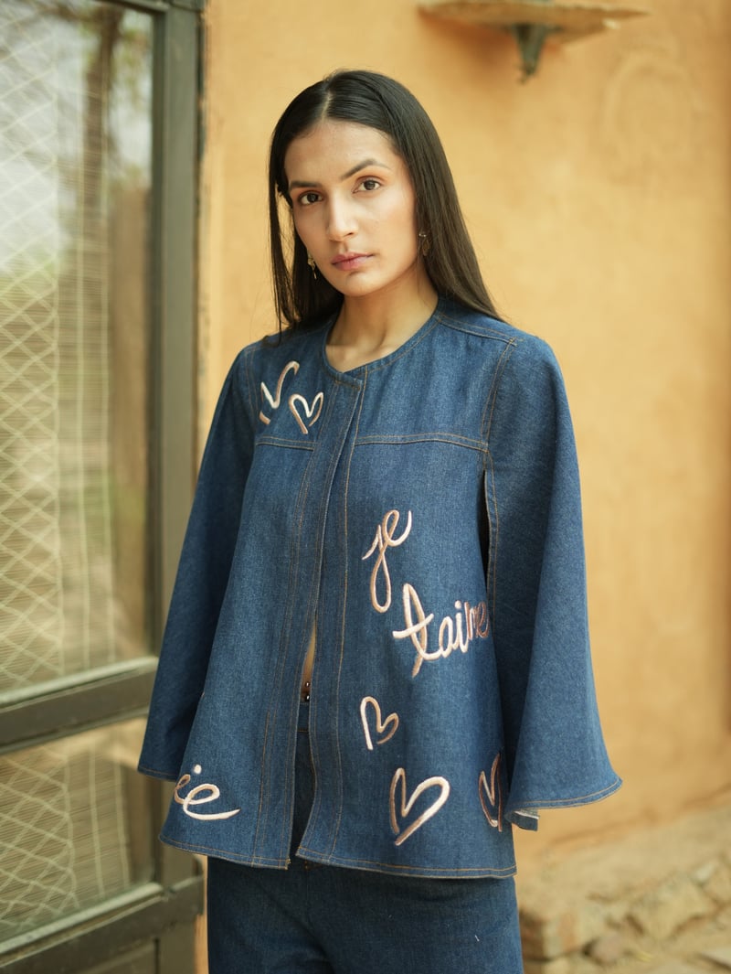 Blue Denim Embroidered Cape and Bell Bottom Co-ord Set