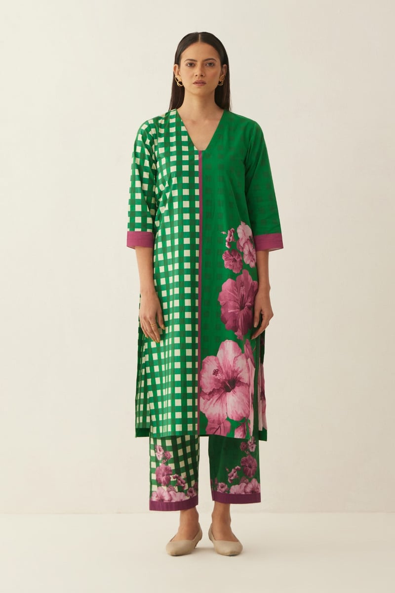 Green Cotton Gingham checks and floral co-ord set — SHIVANI BHARGAVA