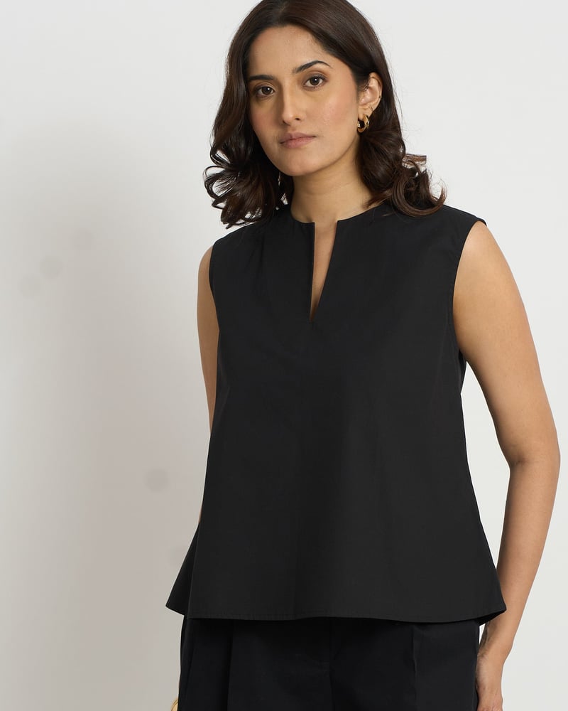 Black Cotton Notch-Neck Relaxed A-Line Sleeveless Top — Loma Naturally