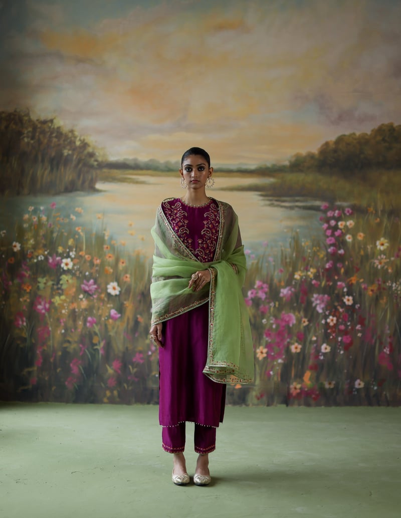 Aubergine Embroidered Straight Kurta Set with Dupatta