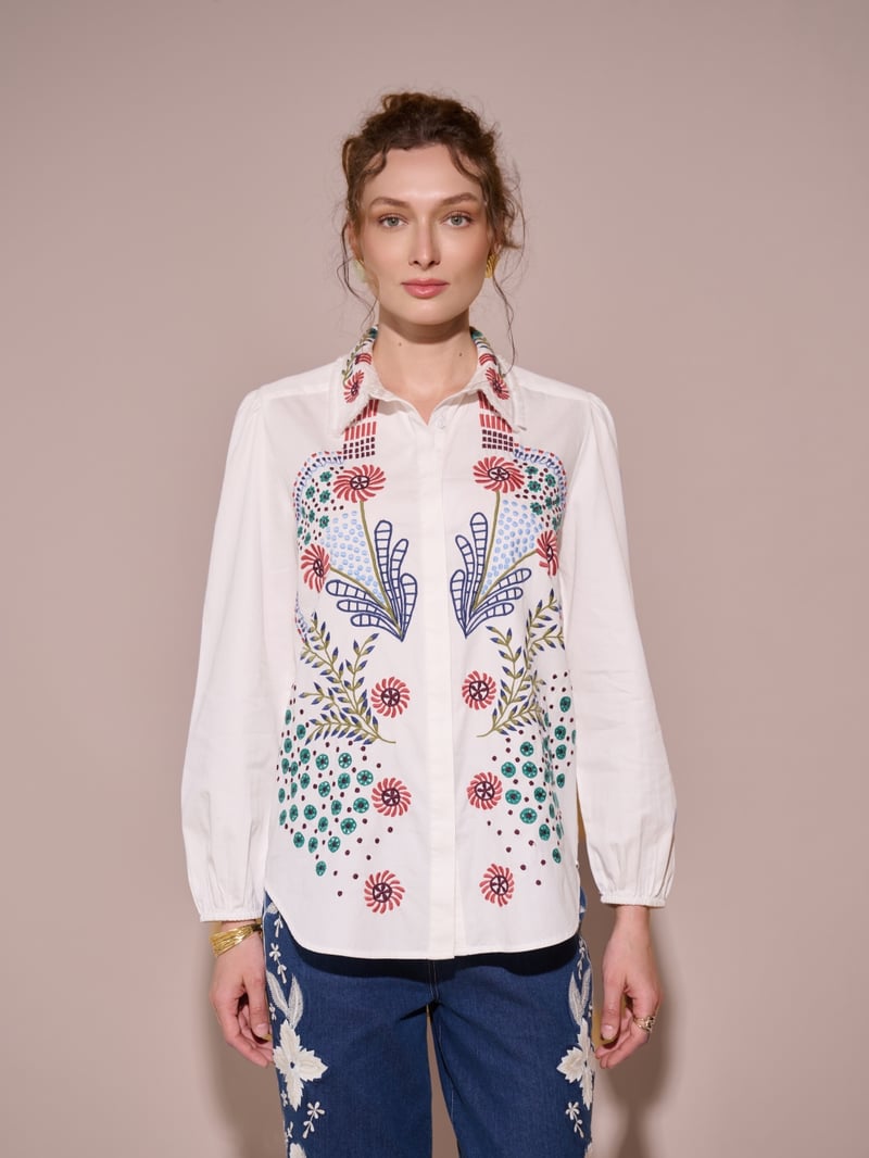 White Embroidered Cotton Button-Down Shirt