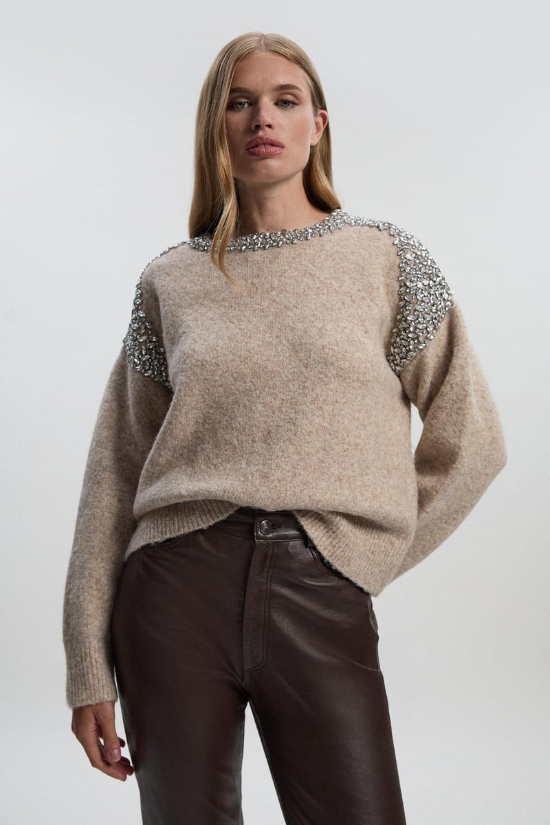 Oatmeal Embellished Trim Cosy Knit Jumper — KAREN MILLEN
