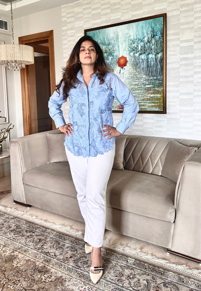 Blue Lace Detailed Button-Down Shirt — ANYSA
