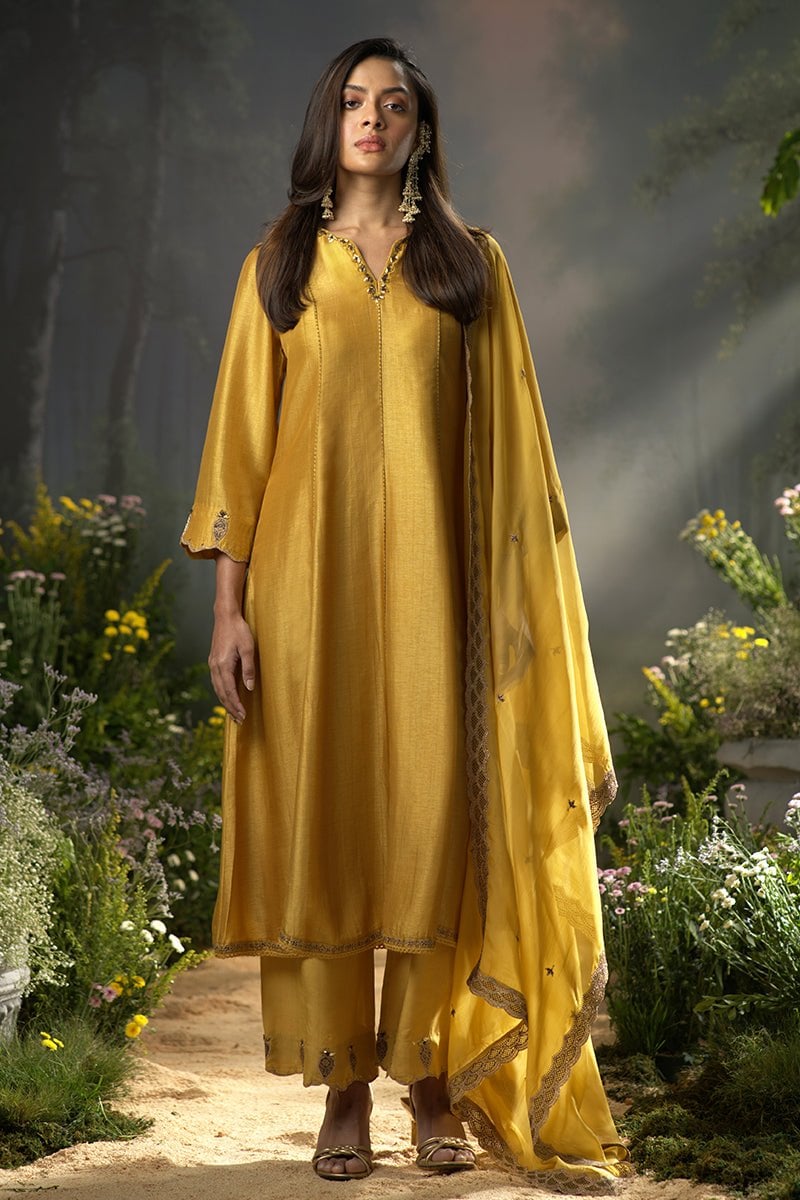 Honey Gold Raw Silk Anarkali Kurta Set with Dupatta — Ganga Fashions Pvt Ltd