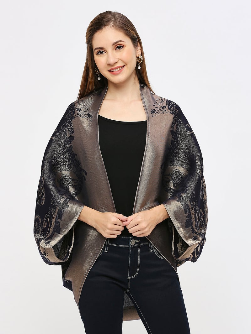 Navy Metallic Brocade Cape Shrug