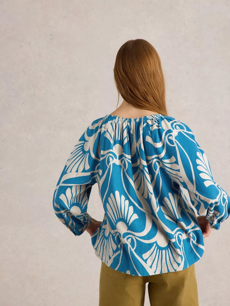 Blue and Off-White Abstract Print Tie-Up Neck Top