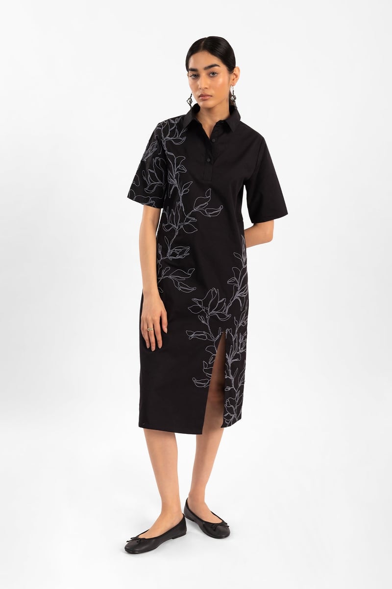 Black Embroidered Collared Midi Dress with Front Slit