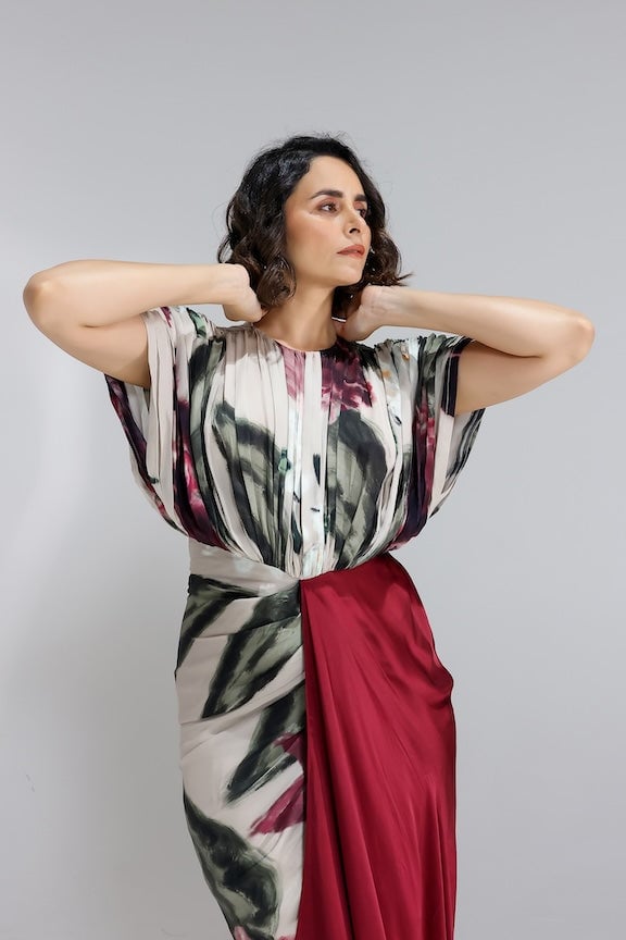 Beige Floral Draped Maxi Gown with Contrast Panel