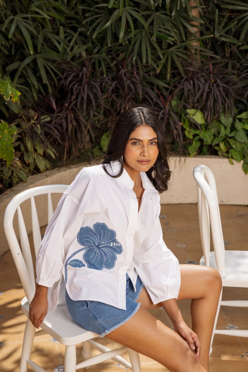 White Poplin Relaxed Fit Shirt with Denim Applique