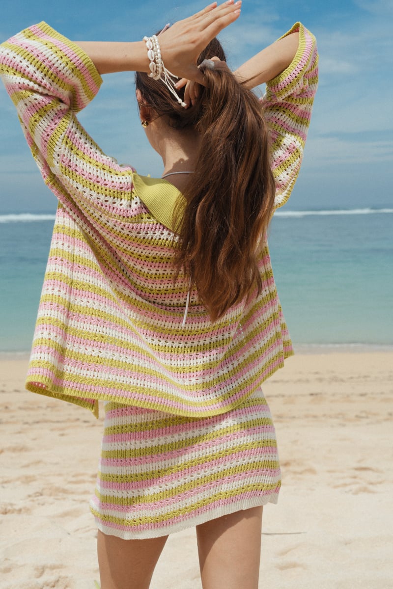 Pink and Green Striped Cotton Knit Button-Up Shirt