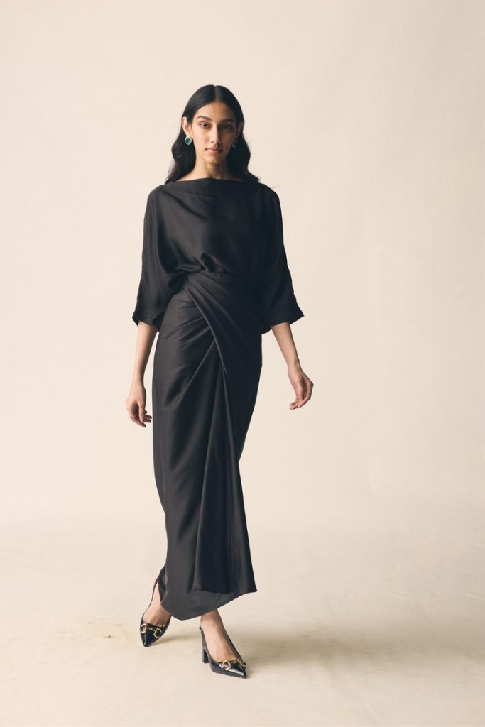 Black Satin Oversized Top and Wrap Maxi Skirt Co-ord Set