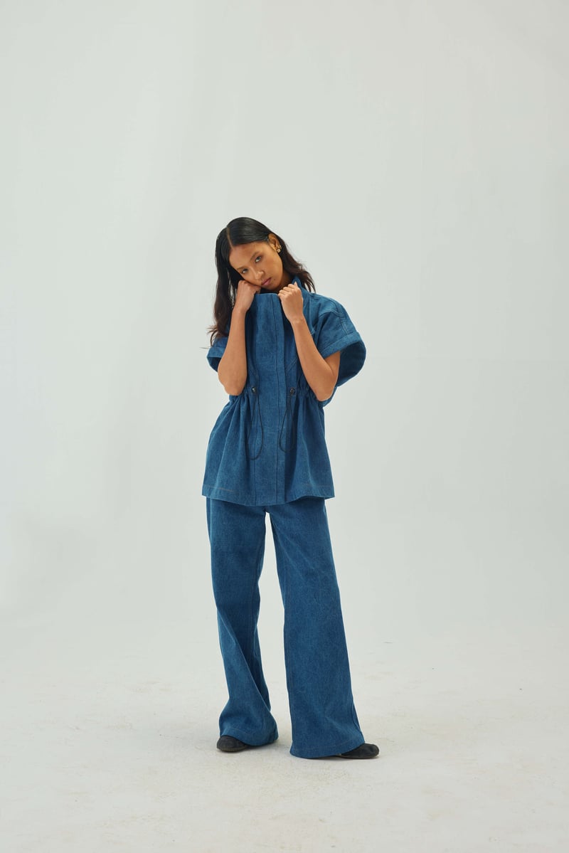 Oversized Sleeveless Blue Denim Jacket with Drawstring Waist