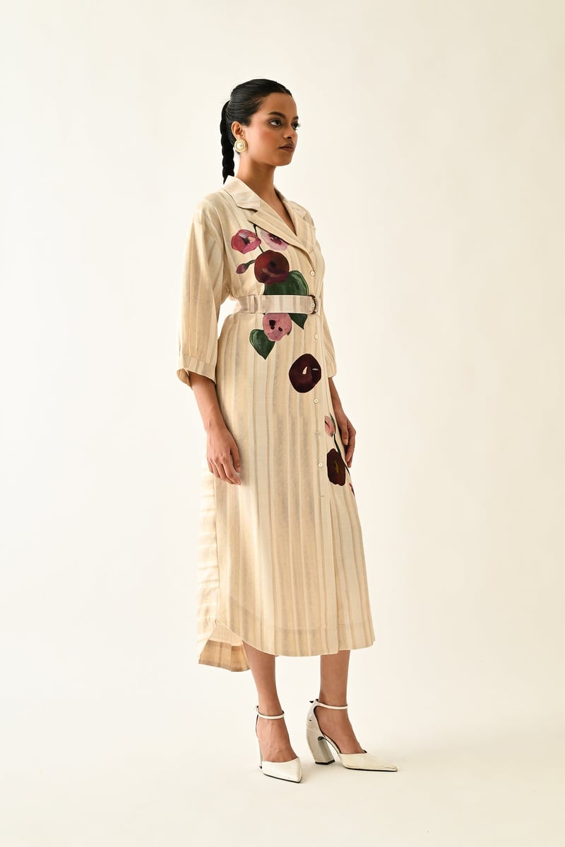 Off White Abstract Print Belted Midi Trench Shirt Dress
