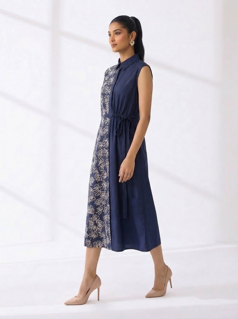 Navy Blue Panelled Midi Shirt Dress with Drawstring Waist