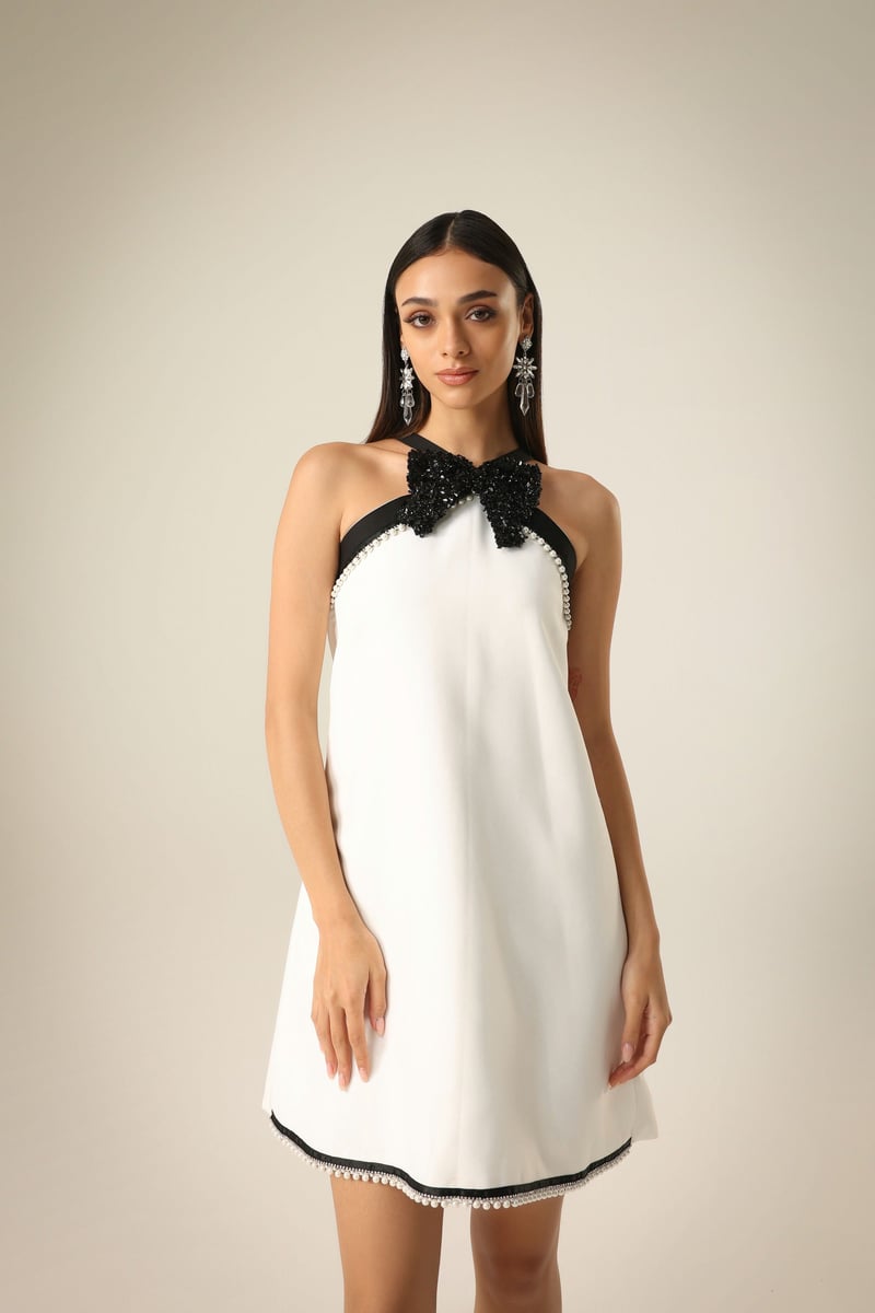 Ivory Halter Neck A-Line Mini Dress with Bow and Pearl Trim