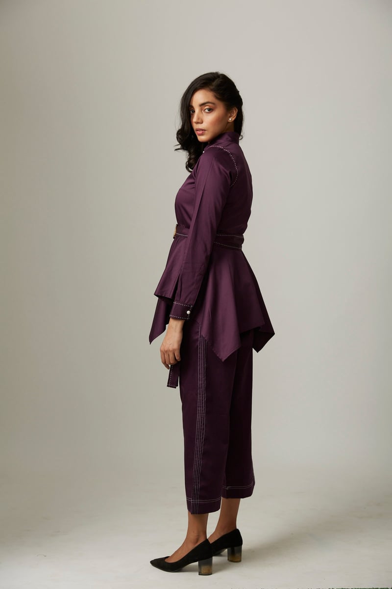 Purple Cotton Satin Shirt and Wide-Leg Pants Co-ord Set