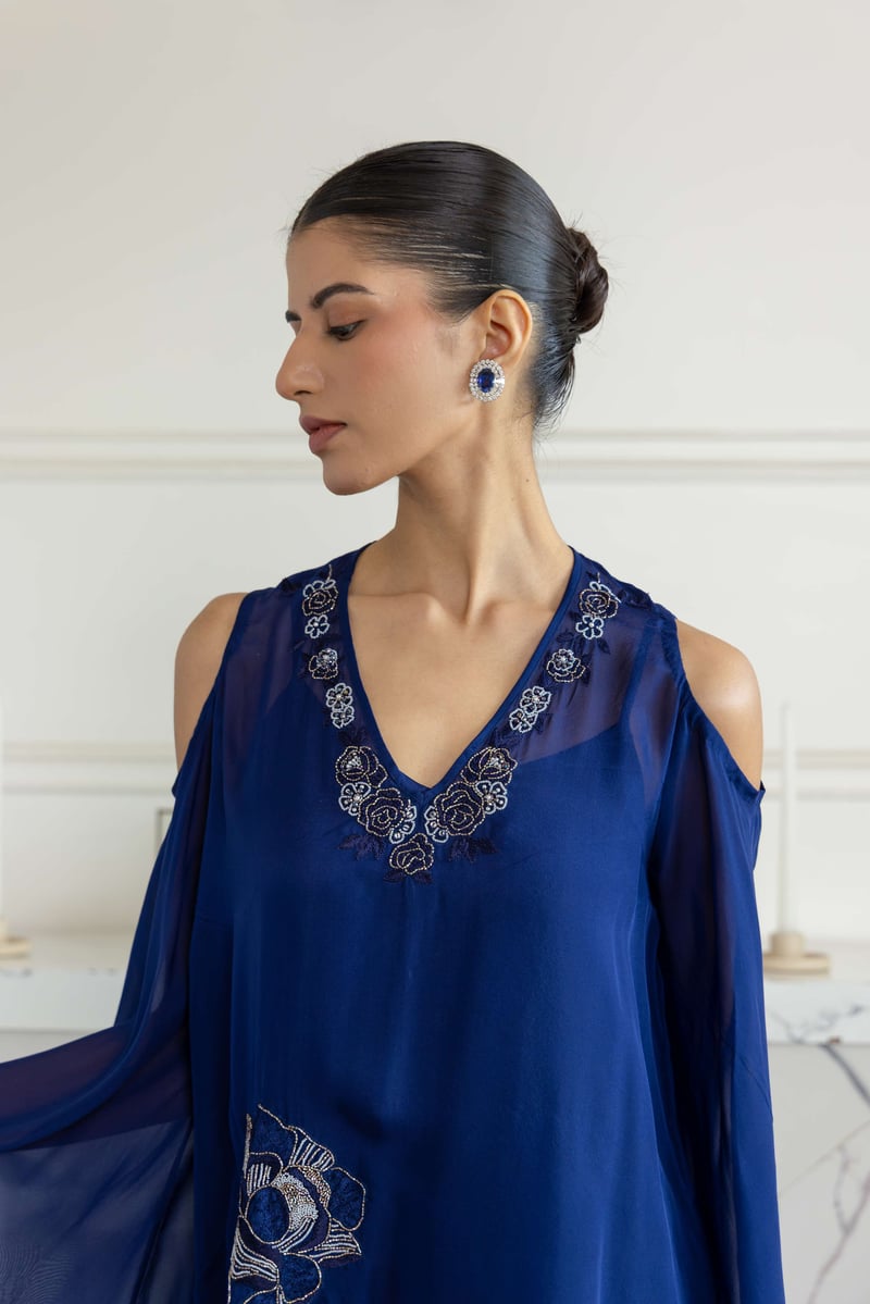 Seraphine Navy Blue Hand Embroidered Flat Chiffon Top