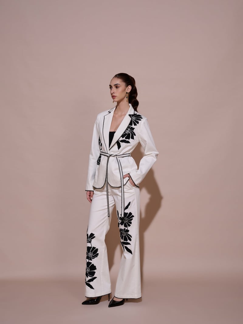 White Wide-Leg Embroidered Trousers