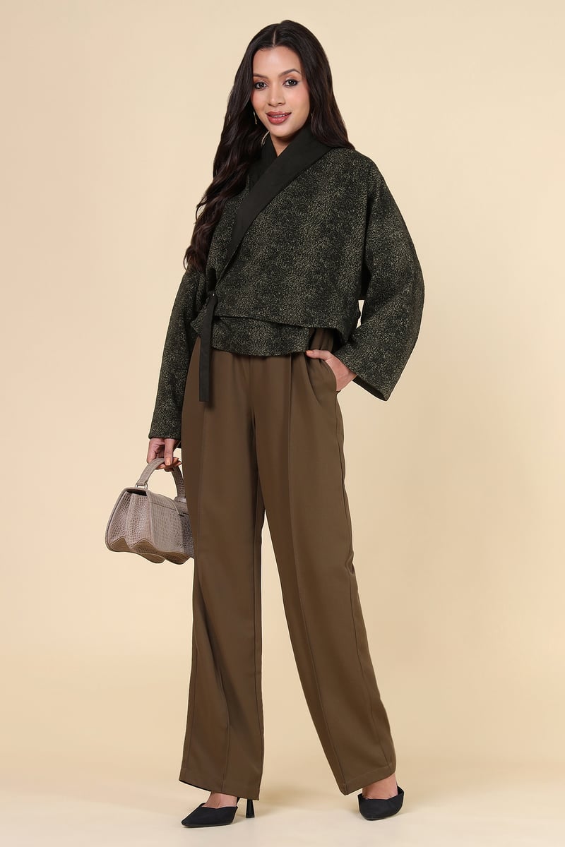 Black/Khakhi Cropped Wrap Jacket with Tie Belt