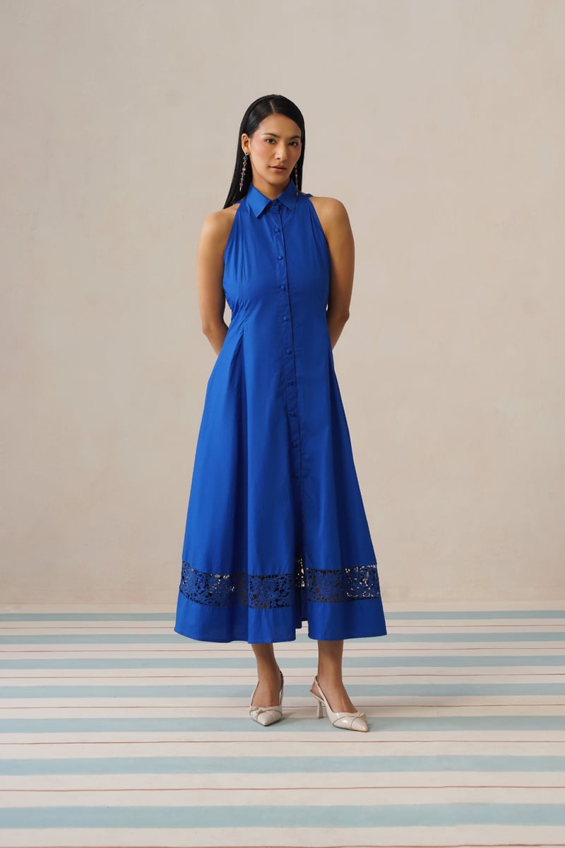 Blue Halter Collared Button-Down Midi Dress