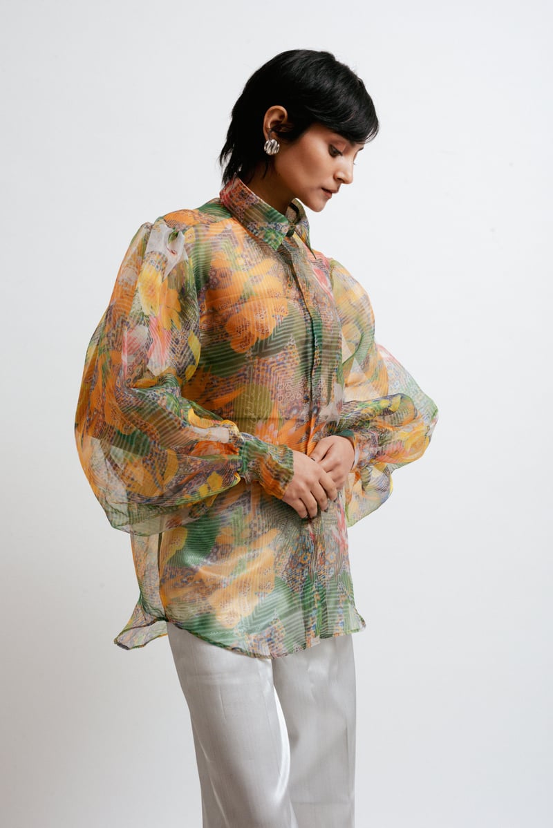 Sheer Organza Abstract Print Balloon Sleeve Shirt