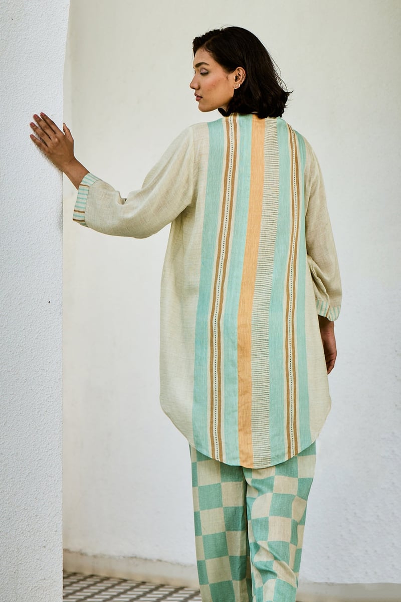 Off-White Linen Striped Tunic and Checked Pant Co-ord Set