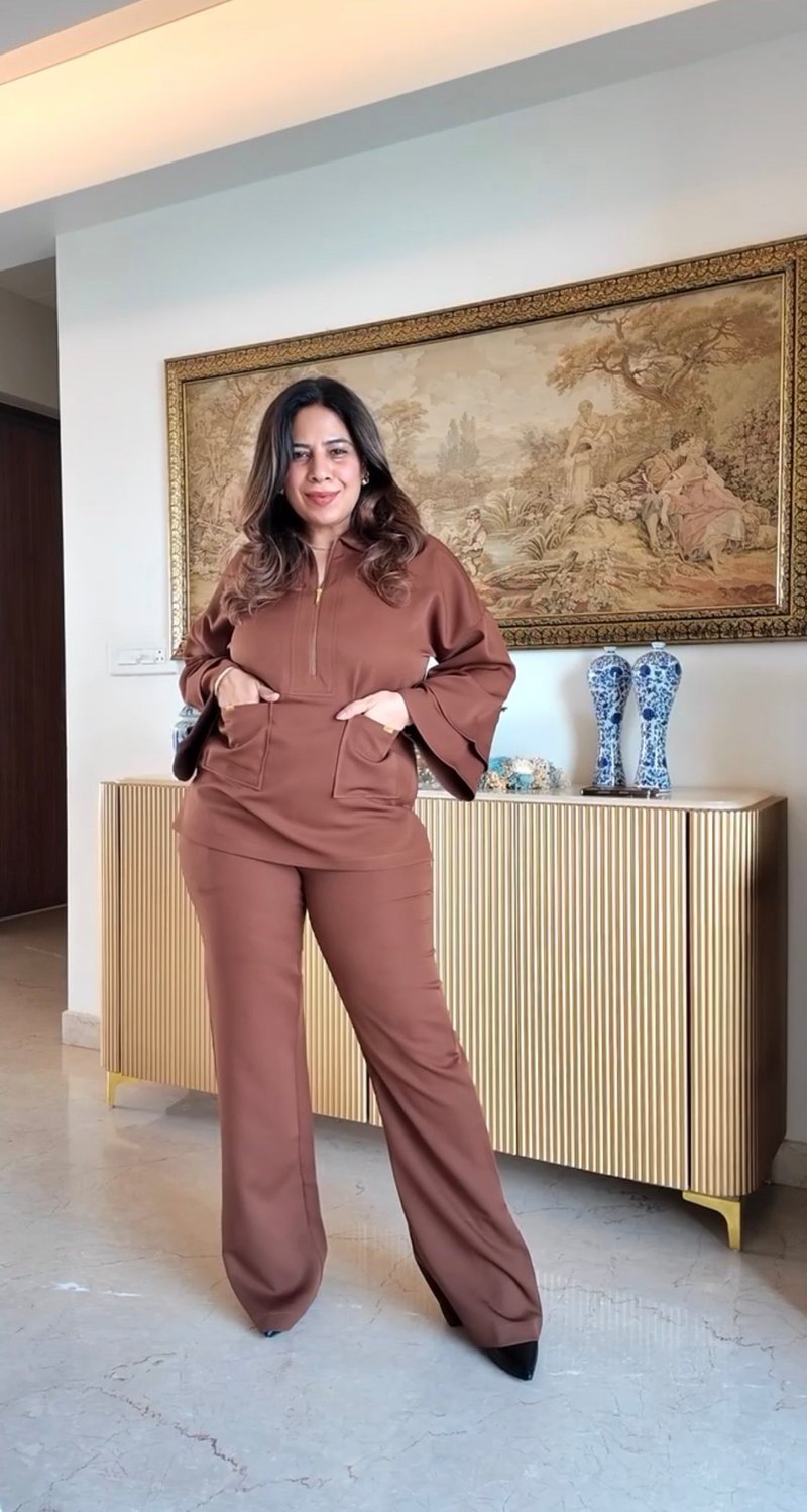 Brown Banana Crepe Half-Zip Co-ord Set with Bell-Bottoms