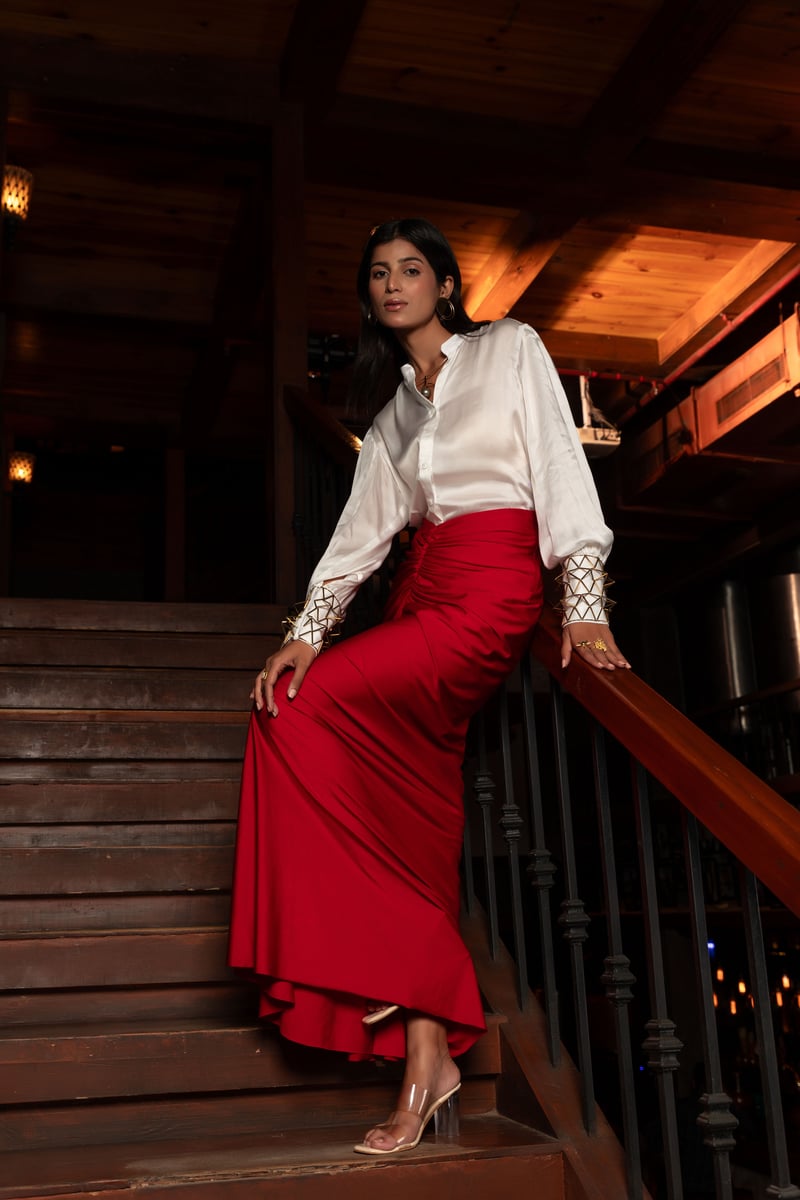 White Shirt and Red Midi Skirt Co-ord Set