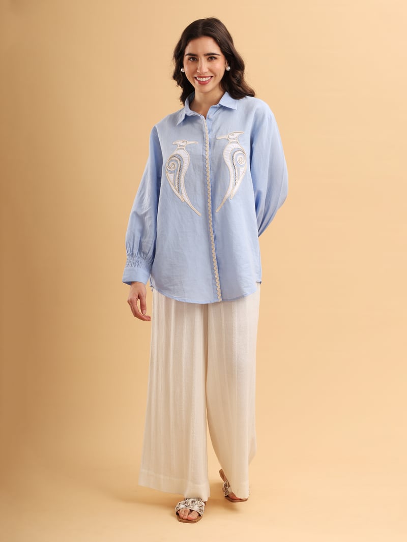 Ice Blue Cotton Linen Appliqué Button-Down Shirt